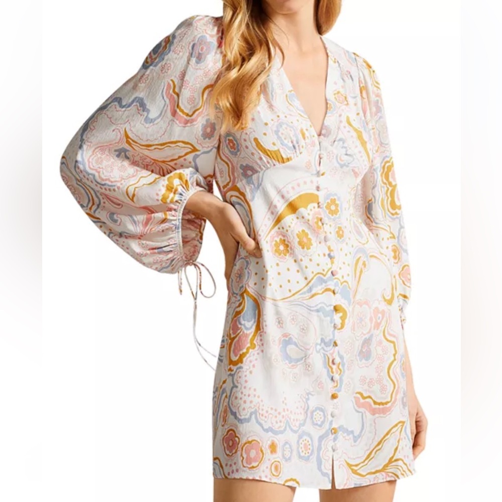 White Paisley Print V-Neck Mini Dress